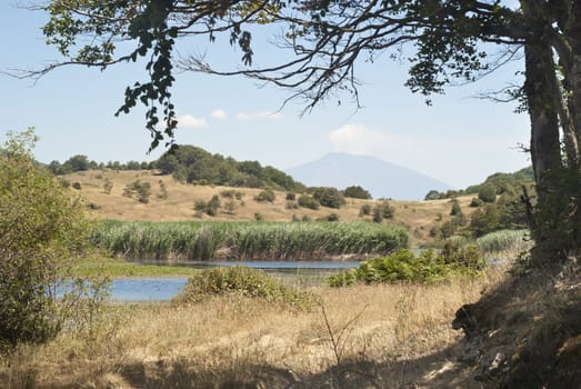 Biviere lake with views of Etna, Nebrodi mountains,