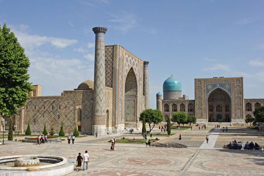 Registon Place, the most famous attraction of Samarkand and one of the world-known places along the silk road. Uzbekistan, Central Asia.