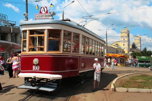 City tour by retro tram production in 1927, city Kharkov, Ukraine