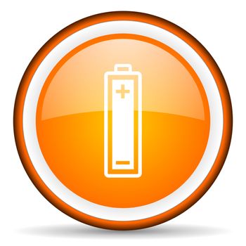 battery orange glossy circle icon on white background