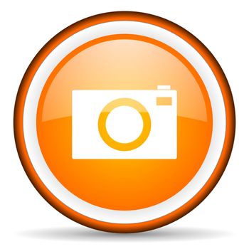 camera orange glossy circle icon on white background