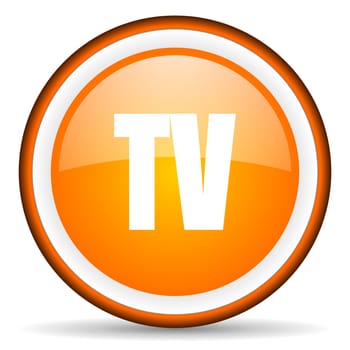 tv orange glossy circle icon on white background