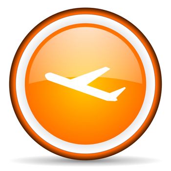 airplane orange glossy circle icon on white background