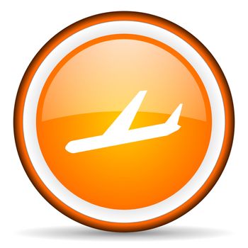 airplane orange glossy circle icon on white background