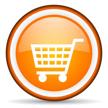 shopping cart orange glossy circle icon on white background