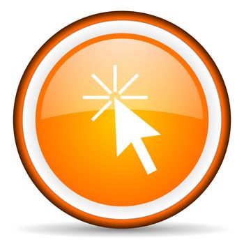 click here orange glossy circle icon on white background