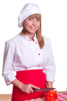 attractive woman cuts vegetables, cooking dinner, white background