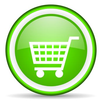 shopping cart green glossy icon on white background
