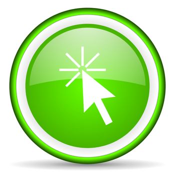 click here green glossy icon on white background