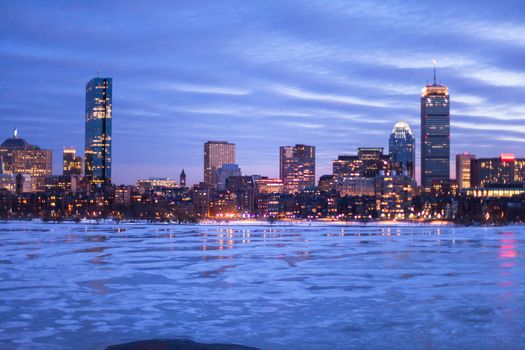 Boston's Back Bay with the Charles River frozen over