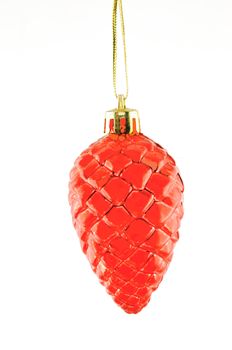 red cone, Christmas decorations hanging on a golden thread against the white  background