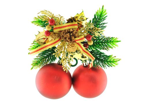 red balls, cone spruce, fir and sprigs to decorate for Christmas against a white background