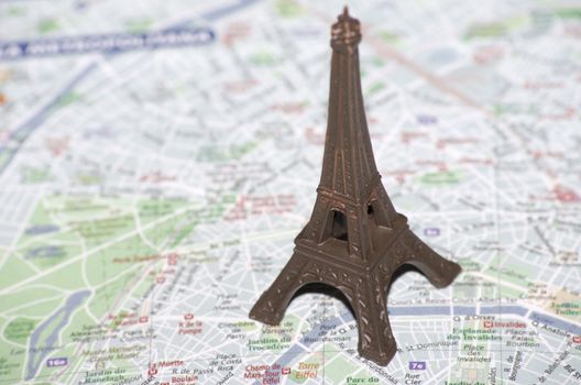 Eiffel Tower on a map of Paris