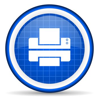 printer blue glossy icon on white background