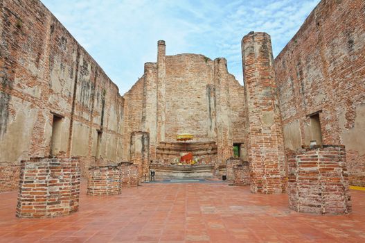 Ruined old temple build from brick at Ma Hay Yong temple in Ayutthaya, Thailand.