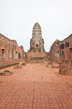 Ruined old temple build from brick at Rach Cha Bu Ra Na temple in Ayutthaya, Thailand.