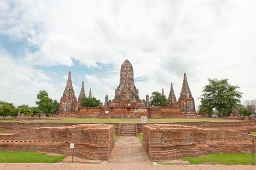 Ruined old temple build from brick at Chai Wat Tha Na Ram temple in Ayutthaya, Thailand.