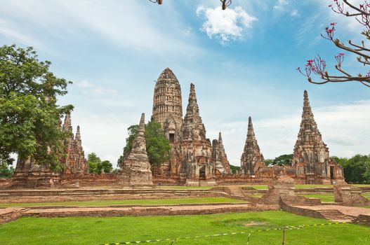 Ruined old temple build from brick at Chai Wat Tha Na Ram temple in Ayutthaya, Thailand.