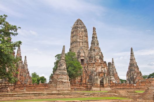 Ancient pagoda in ruined old temple at Chai Wat Tha Na Ram temple, Ayutthaya, Thailand.