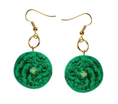Earrings green color of the plastic clay isolated on a white background. collage