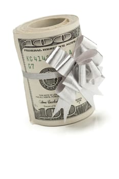 Roll of One Hundred Dollar Bills Tied in a Silver Bow on a White Background.