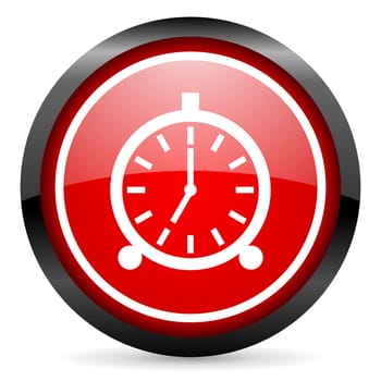 alarm clock round red glossy icon on white background