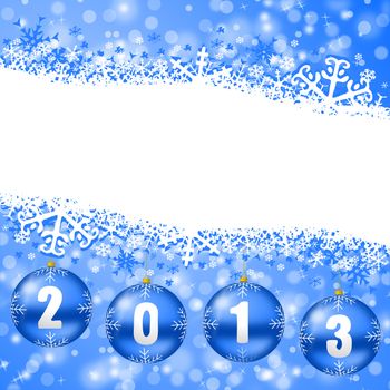 2013 new years illustration with christmas balls and snowflakes on blue background