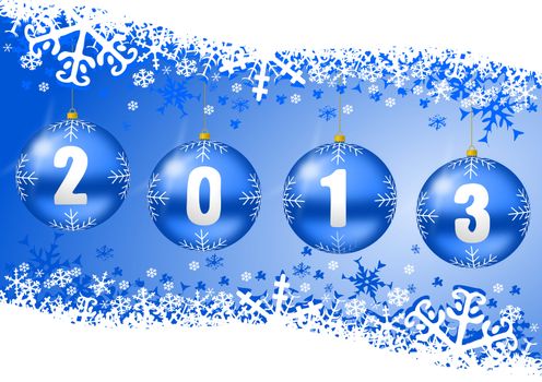 2013 new years illustration with christmas balls and snowflakes on blue background