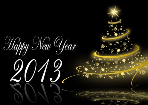 2013 new years illustration with christmas tree and snowflakes on black background