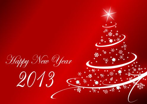 2013 new years illustration with christmas tree and snowflakes on red background