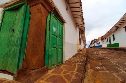 View of old colonial street corner in Barichara, Colombia