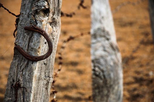 An old rusty horshoe on a weathered fence post