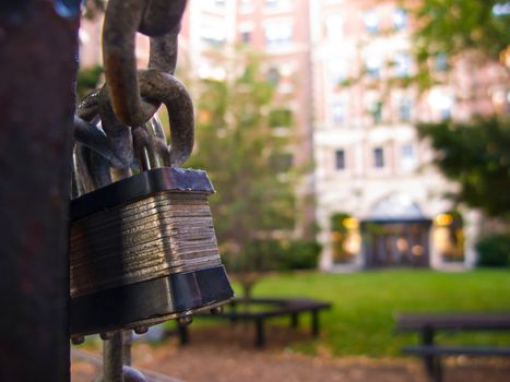 Gate locked with steel padlock in afternoon