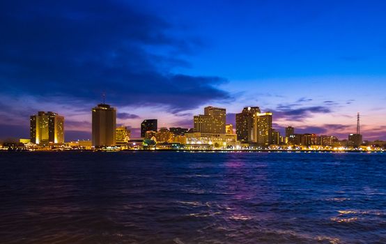 The New Orleans, Louisiana city skyline at dusk