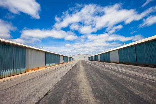 Commercial storage buildings on a blue sunny day
