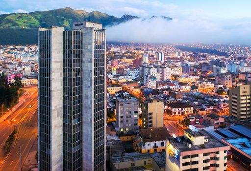 Aerial view of downtown Quito, Ecuador at dawn