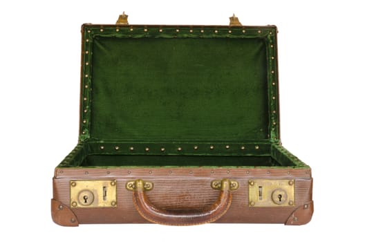 old worn open suitcase with green interior, isolated on a white background