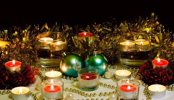 The festive mood. Candles, Christmas toys
