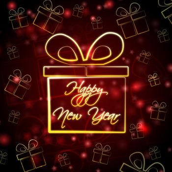 abstract red background card with golden presents boxes and text Happy New Year