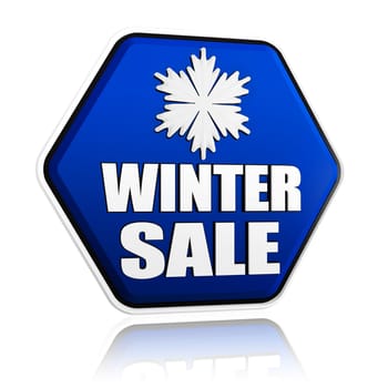 winter sale 3d blue hexagon banner with white text and snowflake symbol, business concept