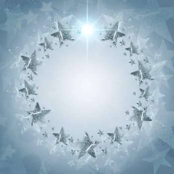 abstract christmas wreath of silver stars in circle over grey background with text space