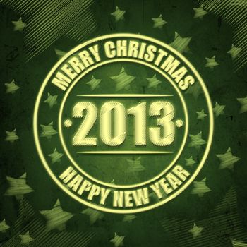 abstract green background with text Merry Christmas, Happy New Year 2013 in circles, illustrated striped stars, retro style card