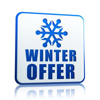 winter offer 3d white banner with blue text and snowflake symbol, business concept