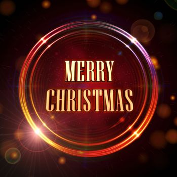 Merry Christmas in abstract golden rings shining over red background with stars and lights