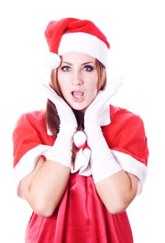 surprised christmas woman wearing a santa hat smiling isolated over a white background