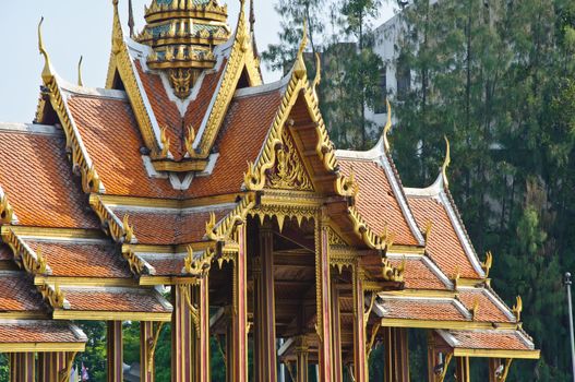 Roof of beautiful Thai Buddhism palace at Ramkamhang university, Bangkok, Thailand
