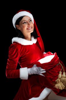 Santa Girl presenting your product, in costume and white gloves