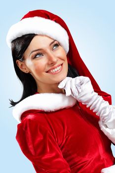 Santa Girl presenting your product, in costume and white gloves