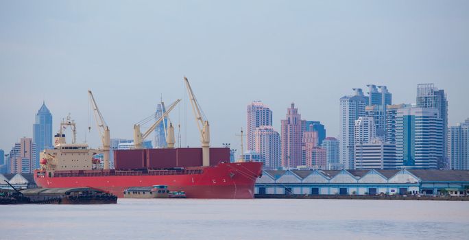 Industrial shipping port on sunset in Bangkok, Thailand