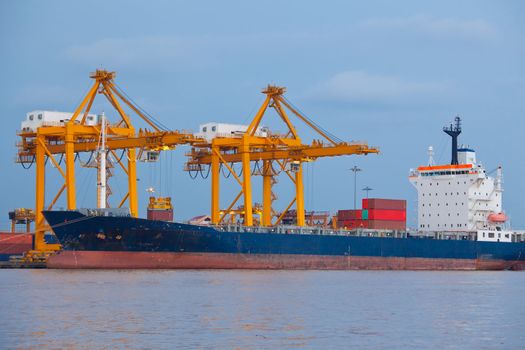 Industrial shipping port on sunset in Bangkok, Thailand